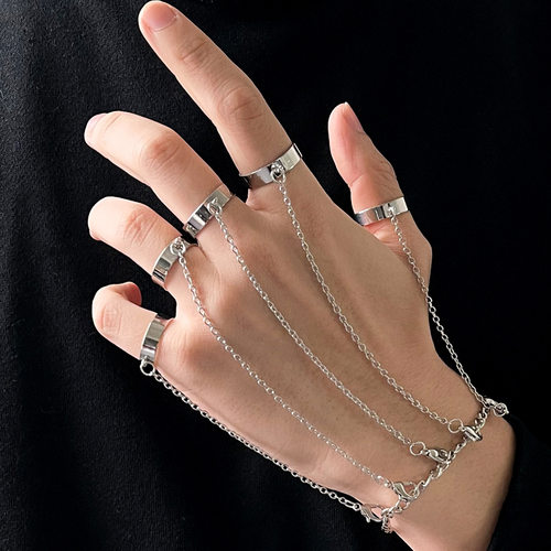 Punk Silver Color Chain Wrist Bracelet Rings for Women Men