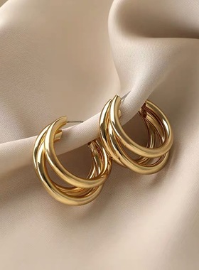 Three-ring Hoop Earrings For Women Modern Gold Plated
