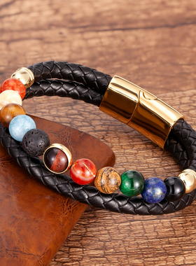 2021 New Eight Planets Natural Stone Leather Bracelet