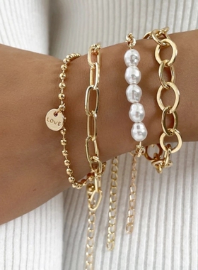 Fashion Punk Curb Cuban Chain Bracelets Set Boho Thick Gold