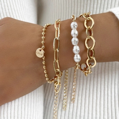 Fashion Punk Curb Cuban Chain Bracelets Set Boho Thick Gold