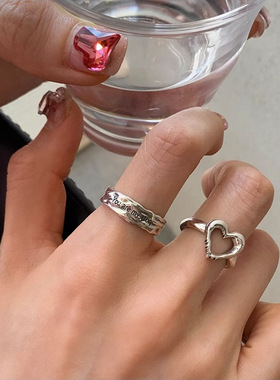 Sterling Silver Love Heart Letter Ring for Women Girl Retro