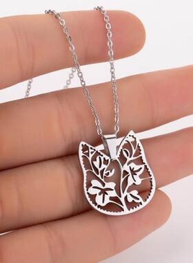 2022 Women's Hollow Cute Cat Head Necklace Stainless Steel