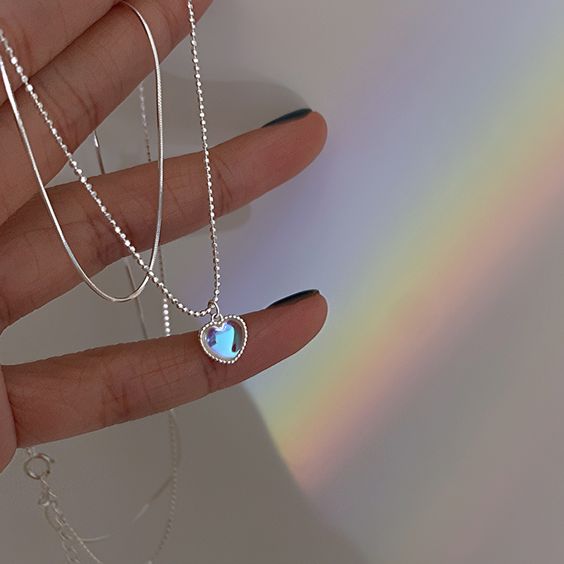 925 Sterling Silver Tassel Moonstone Heart Pendent Necklace