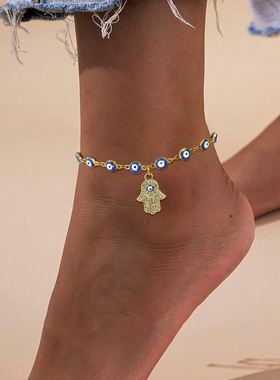 Bohemia Fatima Hamsa Hand Evil Blue Eye Charm Anklet for
