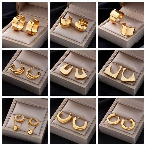 2024 New Round Chunky Hoop Earrings Gold Color Stainless