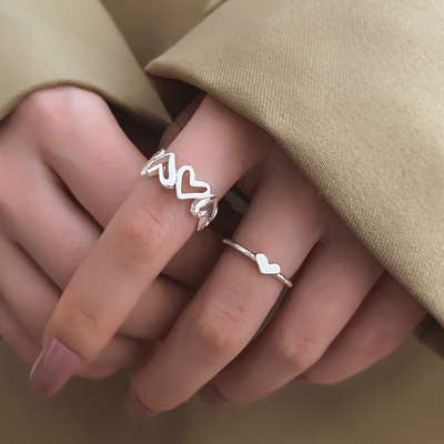 Silver Color Hollowed Heart Shape Open Ring Set Design Cute