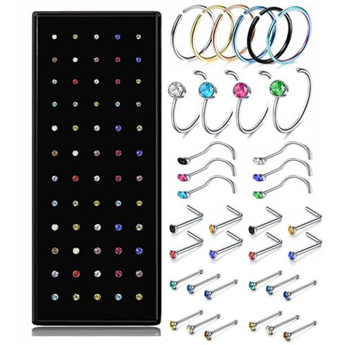 40/60PCS Crystal Stud Nose Ring Set 1.8mm Stainless Steel