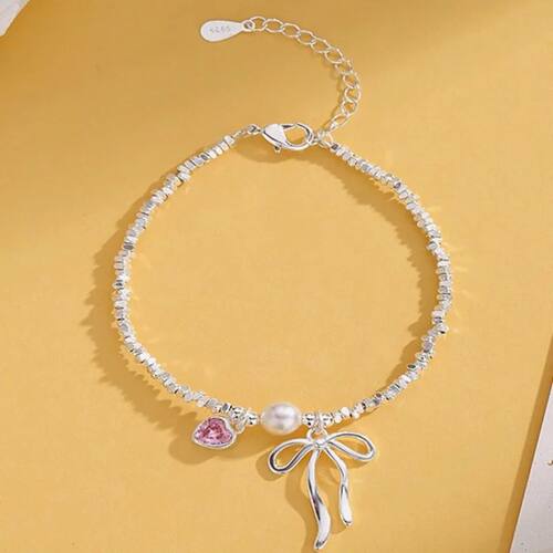 Sterling Silver Pink Heart Pendant Bracelet for Women Elegan