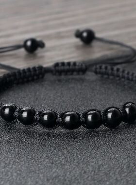 Men Black Bracelet Natural Stone Onyx Lava Beaded Braided