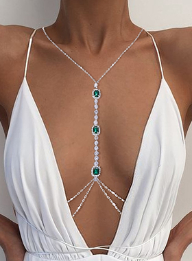 Sexy Green Crystal Chest Chain Harness Stainless Steel