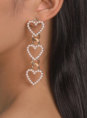 Korean Fashion Imitation Pearl Heart Long Drop Earrings