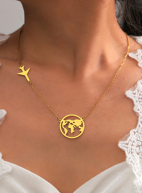 Stainless Steel Necklaces Airplane Globe Map Traveler