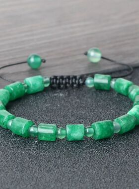 Natural 6*6mm Green Agate Cylinder-shaped Braided Bracelet