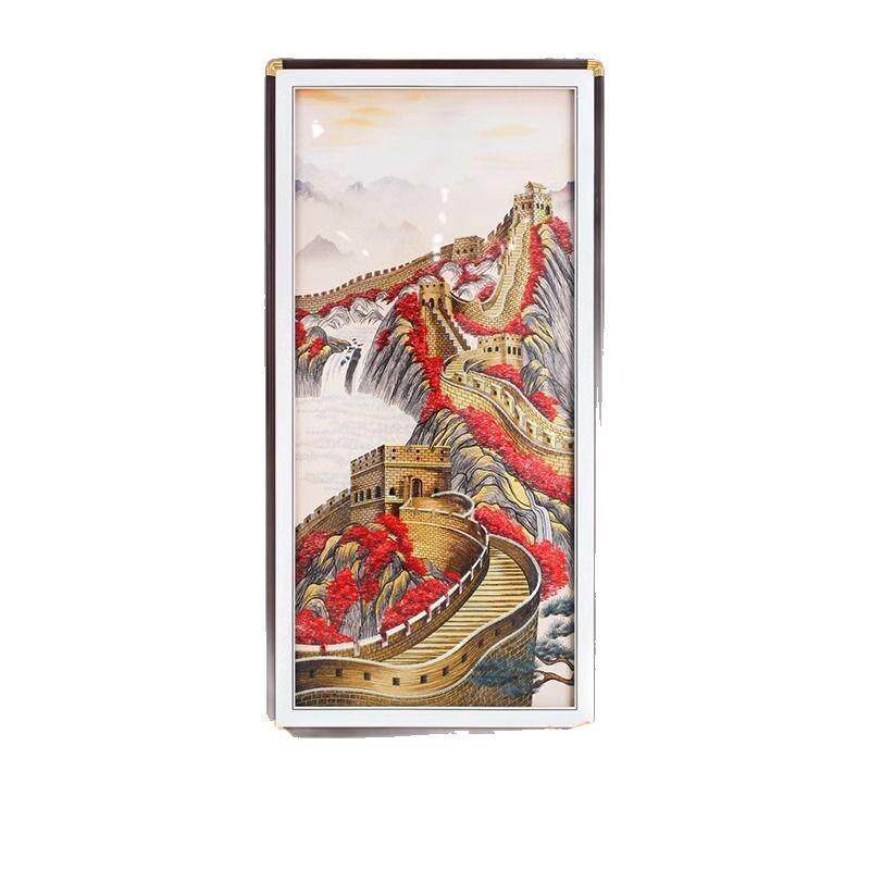 新中式刺绣玄关装饰画长城风景走廊过道挂画鸿运当头织锦绣壁画