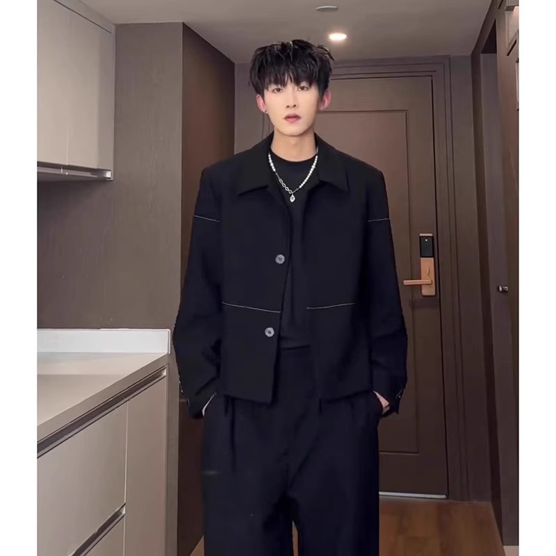 小香风垫肩短款外套男款cleanfit老钱风穿搭夹克潮牌痞帅休闲西服