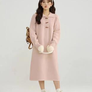 翻领麻花毛衣裙女装 慵懒风宽松加厚羊毛针织长裙 秋冬新款