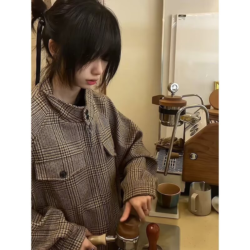 复古秋冬季新款高级感毛呢外套女宽松气质美拉德风复古上衣夹克潮