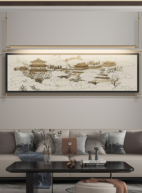 客厅背景墙复古挂画杆中古风吊杆装饰画别墅酒店大堂高档装置挂画