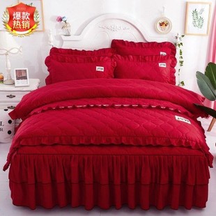 韩版 全夹棉床裙纯棉四件套纯色加厚床罩婚庆防滑床套枕套1.8床2.0