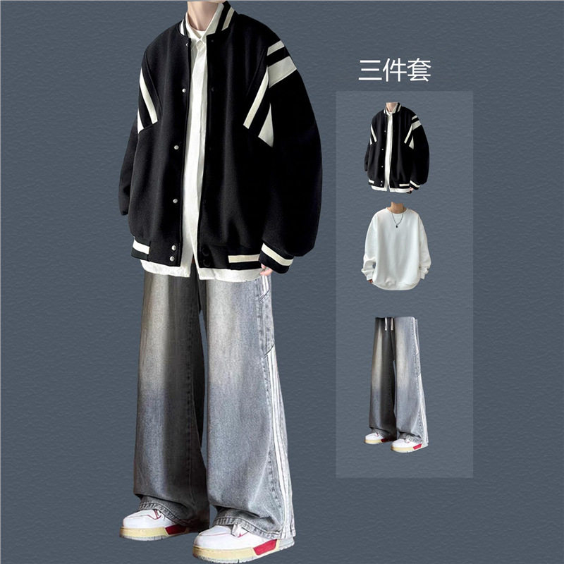 美式飞行员夹克外套男装套装高街潮牌棒球服青少年痞帅春秋三件套