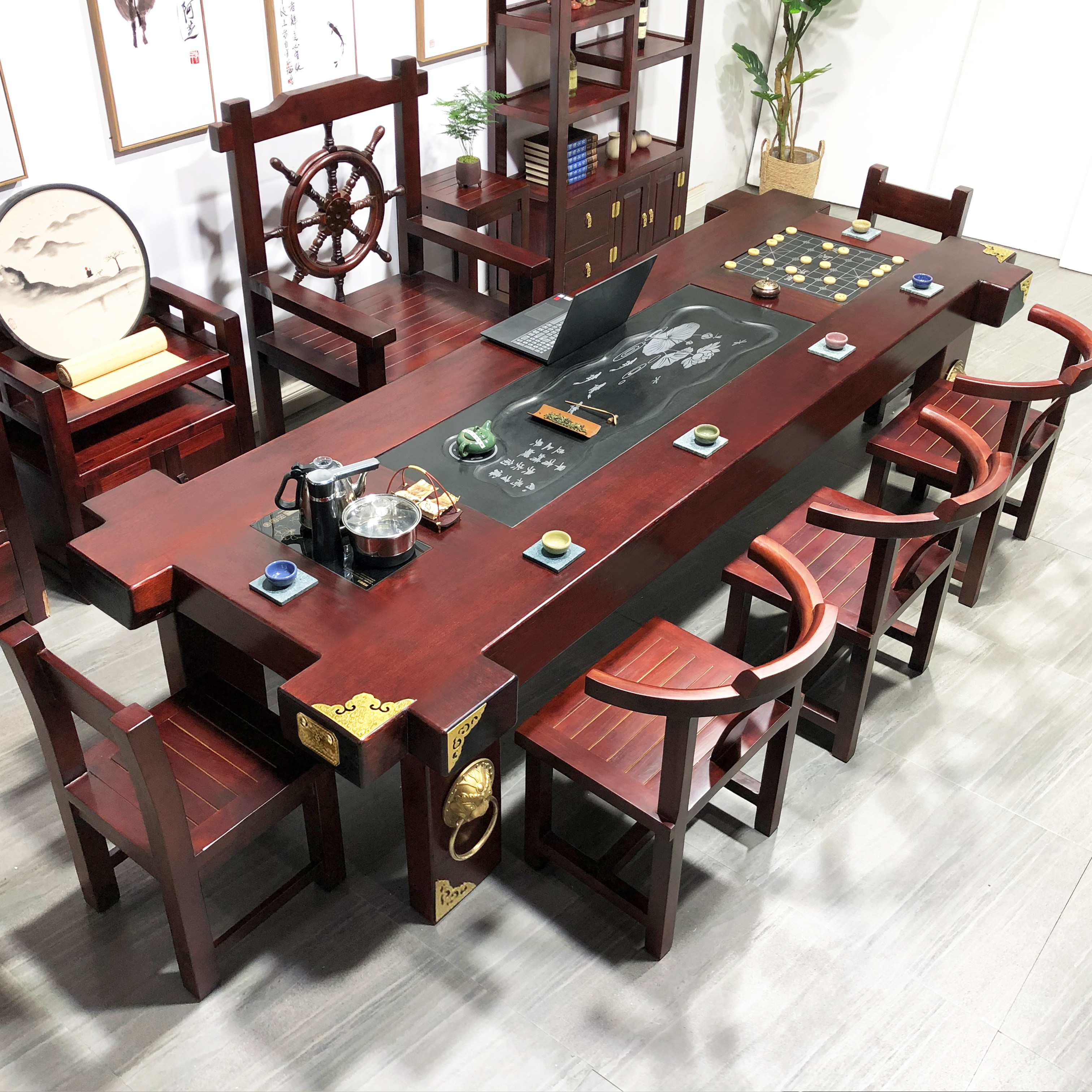 老船木茶桌椅组合中式实木大茶台家用办公室功夫茶几套装一桌五椅