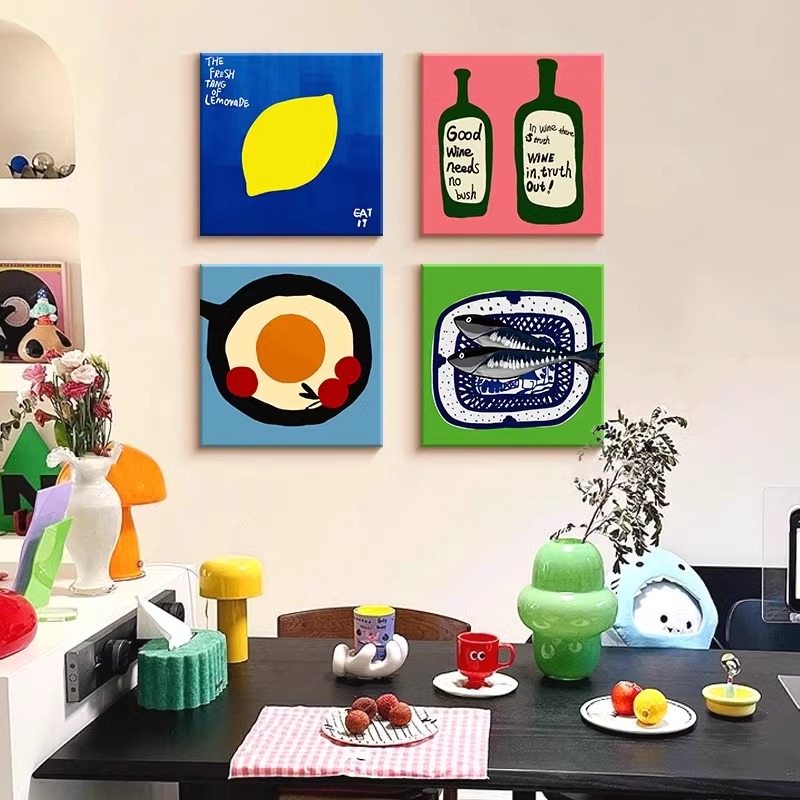 多巴胺餐厅装饰画卡通趣味水果客厅挂画ins风餐桌背景墙组合壁画图片