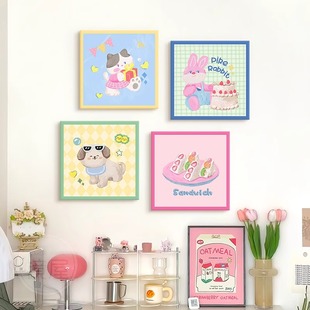 韩式 饰画 奶油风多巴胺儿童房猫咪挂画客厅卧室少女桌面摆画卡通装