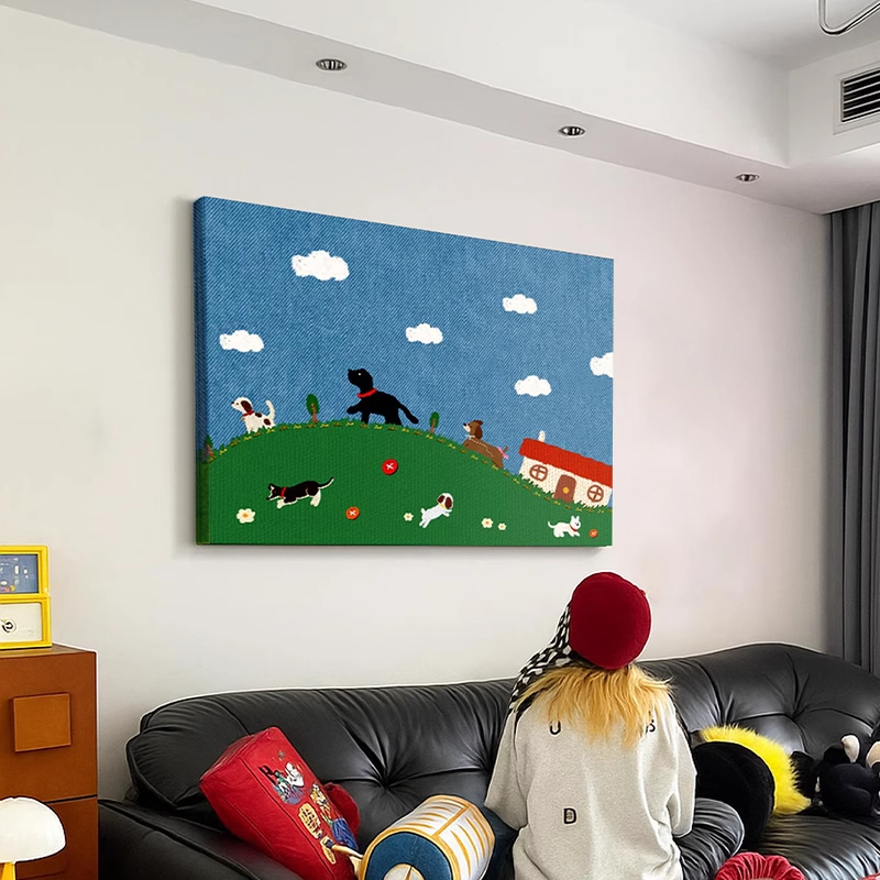 客厅多巴胺挂画创意小狗艺术小众沙发背景墙装饰画卡通儿童房壁画图片