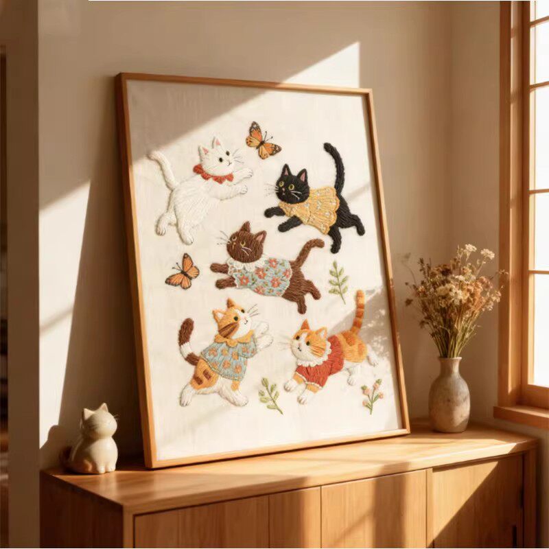 法式治愈系萌趣猫咪客厅装饰画可爱刺绣风卧室玄关摆件餐厅挂壁画