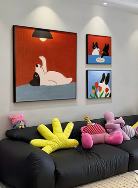 多巴胺客厅装饰画卡通小狗红色正方形餐厅壁画儿童房卧室床头挂画