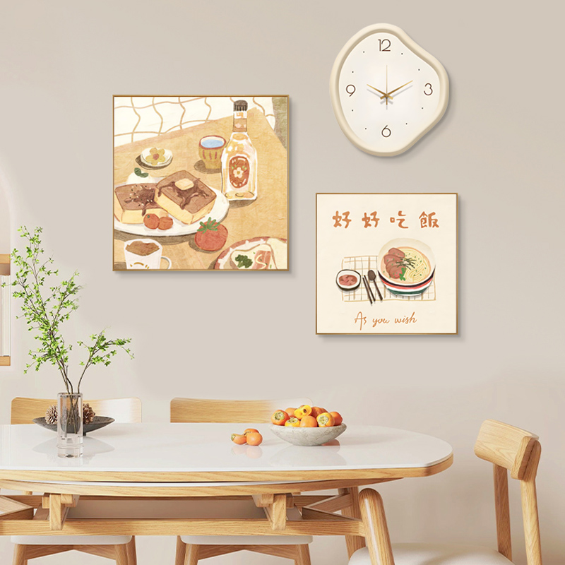 原木风餐厅装饰画三餐四季带钟表组合画日式餐桌壁画饭厅挂钟挂画图片