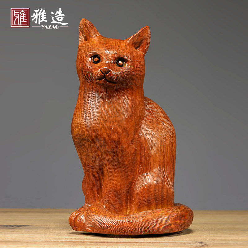 花梨木雕猫摆件实木猫家居客厅办公室波斯猫雕刻工艺装饰摆设礼品