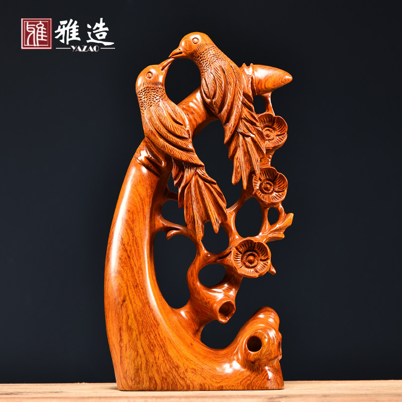 花梨木雕喜上眉梢摆件实木根雕动物花鸟喜鹊家居客厅办公室装饰品