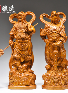 香樟木雕伽蓝韦陀左右护法像摆件