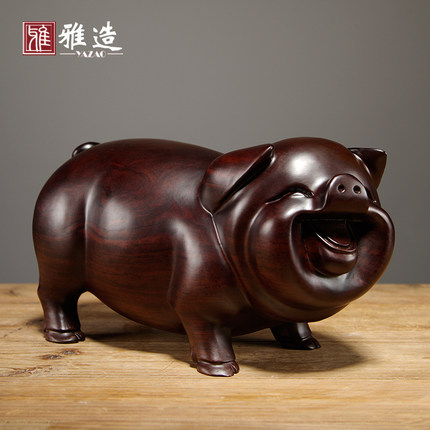 黑檀木雕福猪摆件实木十二生肖动物家居客厅寓意装饰红木工艺礼品