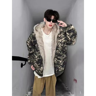 工装棉服男加绒连帽迷彩外套夹克