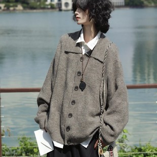 美式 老钱半高领百搭休闲毛衣外套 复古慵懒风灰色绅士立领针织开衫