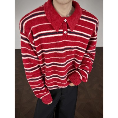 条纹毛衣男秋冬季痞帅男士针织衫