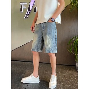 潮牌痞帅五分裤 复古蓝水洗闪电纹牛仔短裤 男士 夏季 设计感宽松中裤