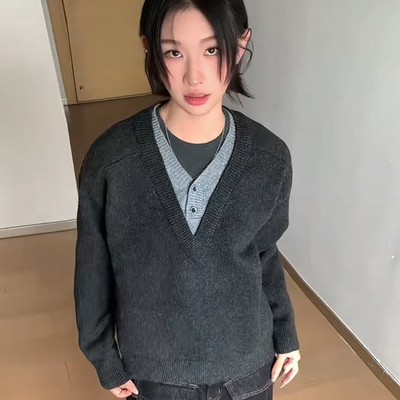 假两件v领毛衣男冬季针织亨利衫