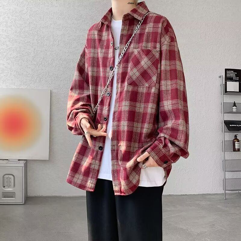 格子衬衫男长袖春秋2025新款美式