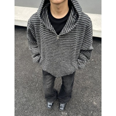 条纹重磅连帽卫衣外套男潮牌秋季
