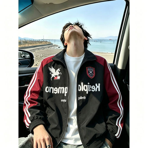 美式复古条纹拼接飞行夹克男秋季