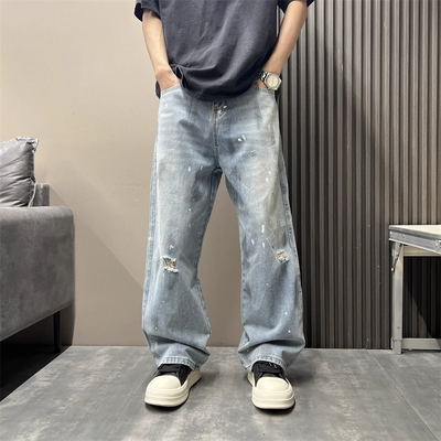 美式复古泼墨涂鸦牛仔裤男士春秋阔腿痞帅情侣破洞猫须宽松直筒裤