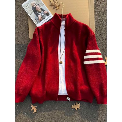 酒红色针织衫男开衫毛衣情侣外套