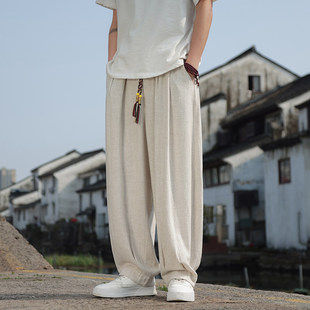 寬松棉麻褲 薄款 男夏季 男褲 垂感直筒闊腿褲 子中國風大碼 亞麻休閑褲