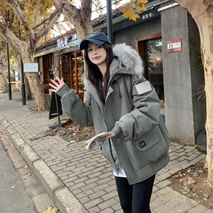 灰色美式复古短款羽绒棉服男女款冬季潮牌毛领外套加厚工装派克服