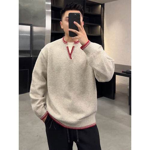 手缝线撞色假两件V领毛衣男款秋