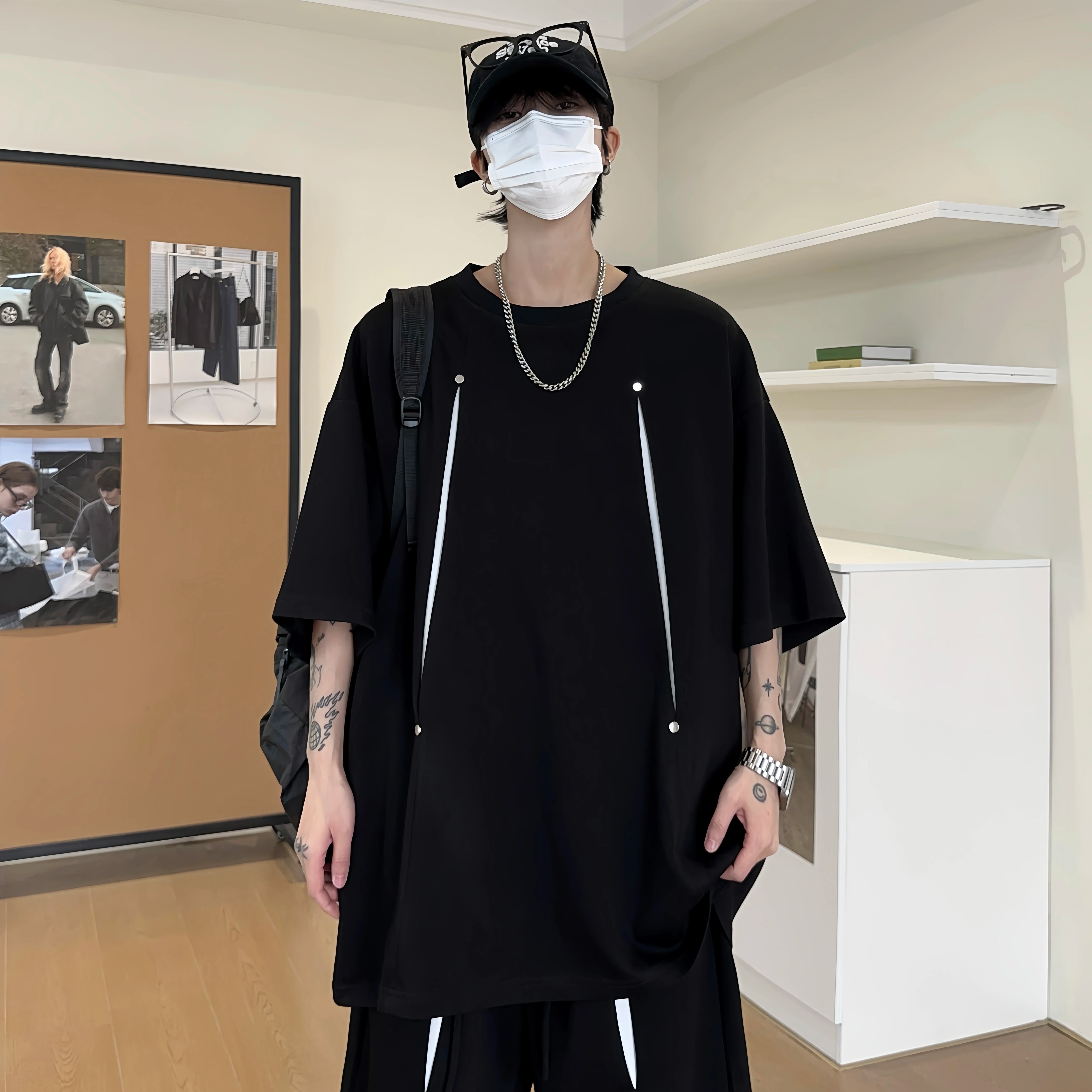 美式高街柳钉短袖t恤搭配整套男